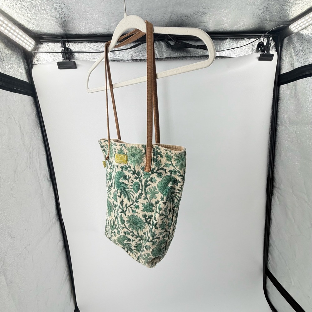 JOYN Handmade India Cotton Tote Bag Green Peacock Floral Block Print Boho